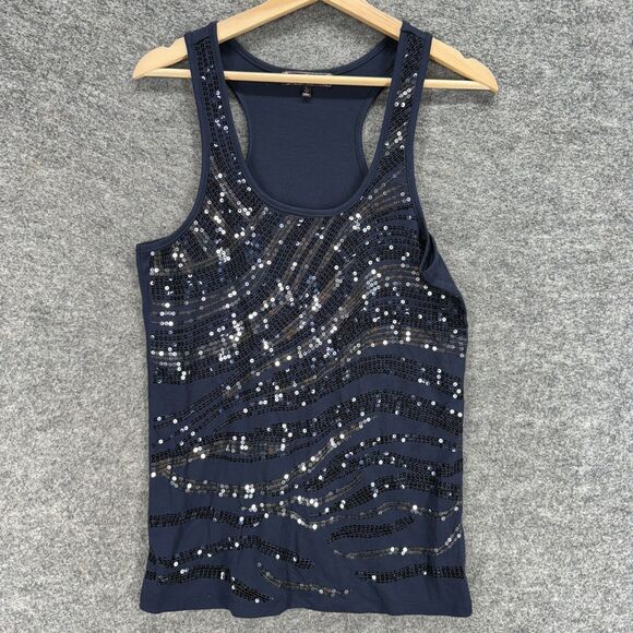 Almost Famous Tank Women L Large Blue Striped Sequin Sleeveless Racerback Rayon - Picture 1 of 7